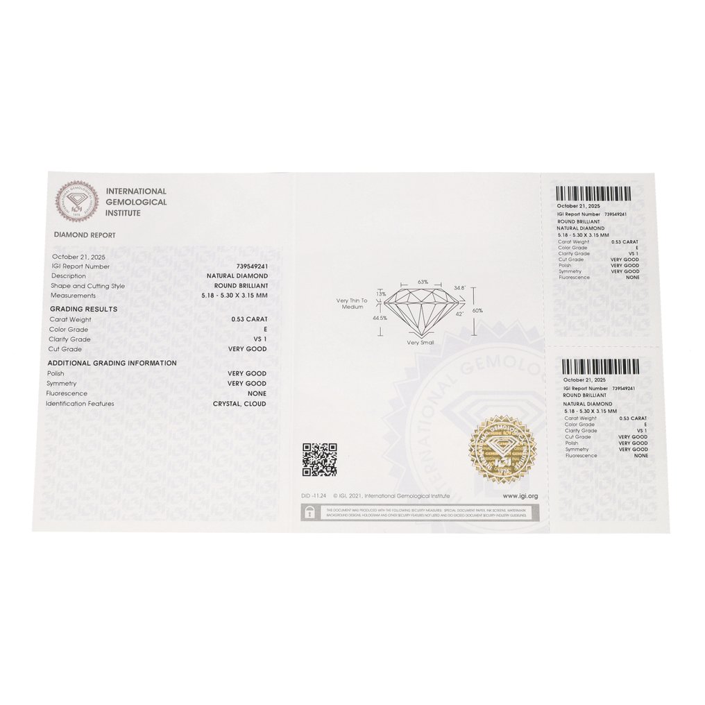 Nincs minimálár - 1 pcs Gyémánt (Természetes) - 0.53 ct - Kerek - E - VS1 - Nemzetközi Gemmológiai Intézet (IGI) #3.2