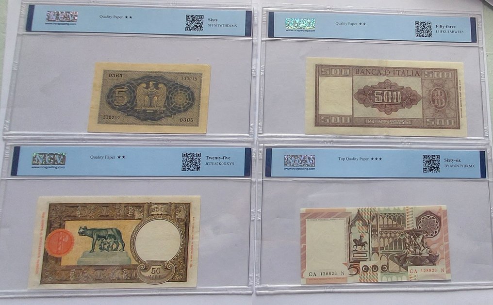 Italia. - 5 + 50 + 500 + 5.000 Lire - Pick 28, 58, 80a, 105b (Ei pohjahintaa) #1.0