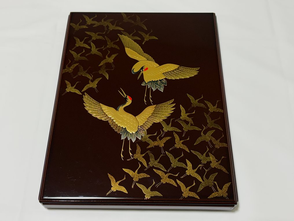 Box - Refined black lacquered letter box designed with beautiful flying gold cranes - lacquerware - crane/box/bird/letter box #1.0