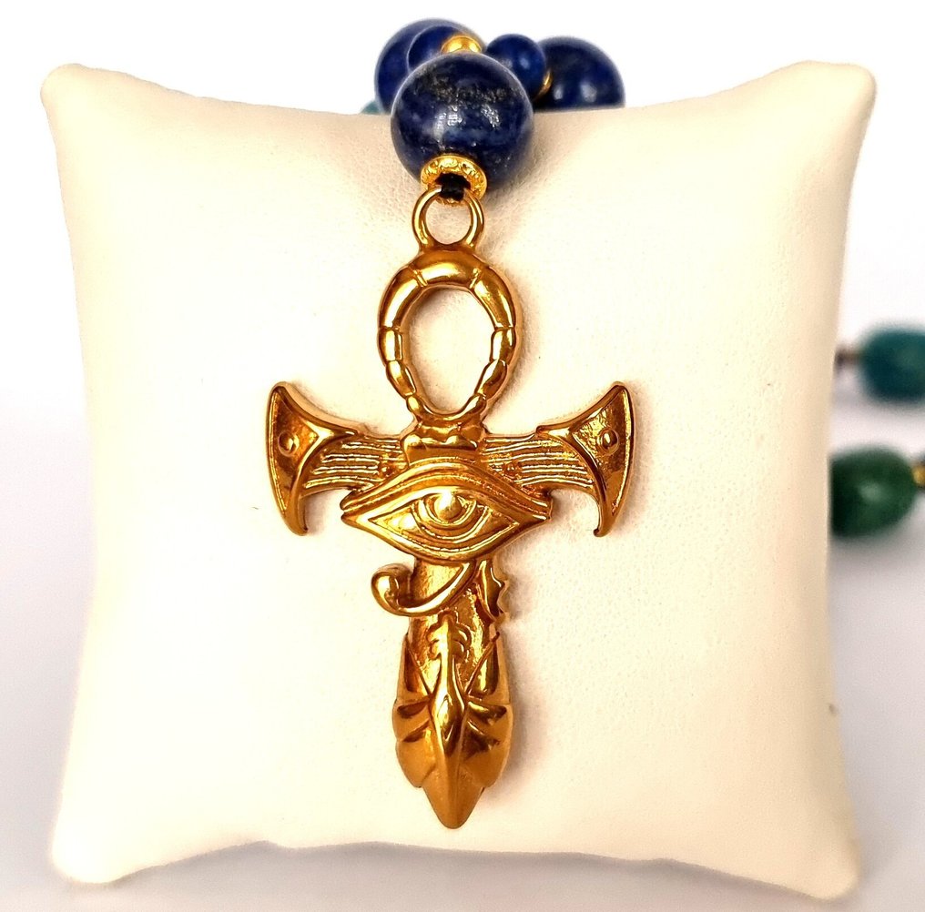 Lapis lazuli - Turquoise - Necklace - Ankh Cross & Eye of Horus - Blessing of the gods - Protects from evil - Necklace with pendant - Access to eternal life #3.2
