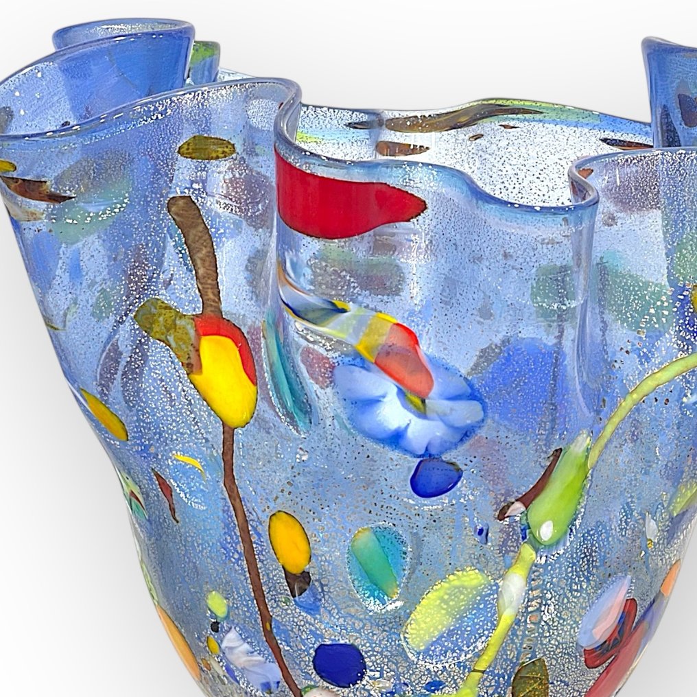 Filippo Maso - Βάζο - Μεγάλο μπλε μαντήλι με ασημένιο φύλλο και μούρινες - Γυαλί Murano #4.3