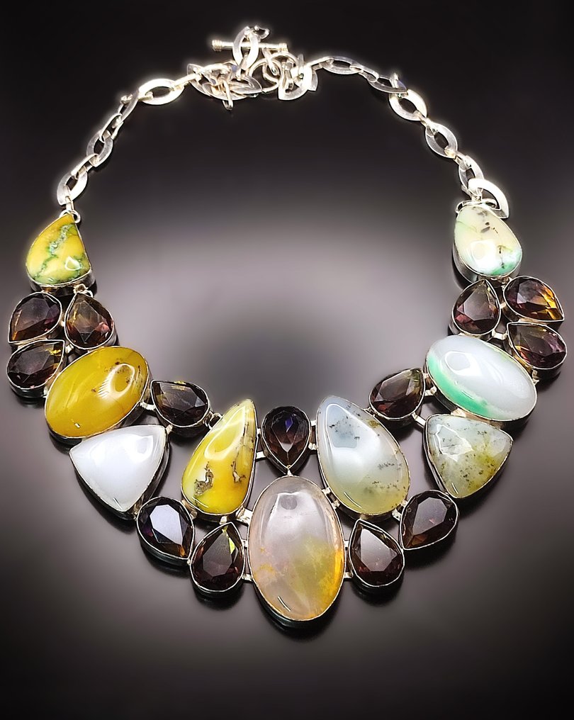 无保留价 美丽的树状蛋白石和碧玺手工925银项链 - 衣领项链 #2.1