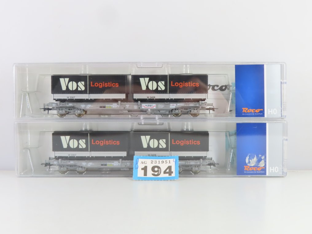 Roco H0 - 66617 - Modelltog godsvogn (2) - 4-akslede containerbærere med last og påtrykk «VOS» - SBB #1.0