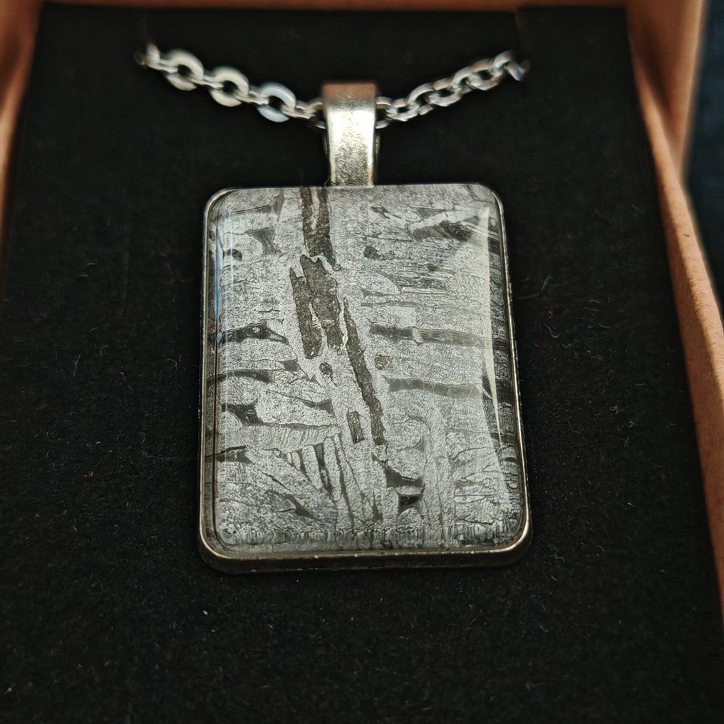 Ατσάλινο και μετεωρίτη δαχτυλίδι με ατσάλινη αλυσίδα από ανοξείδωτο ατσάλι. Μετεωρίτης σιδήρου - Ύψος: 35 mm - Πλάτος: 20 mm - 8.21 g - (1) #1.0