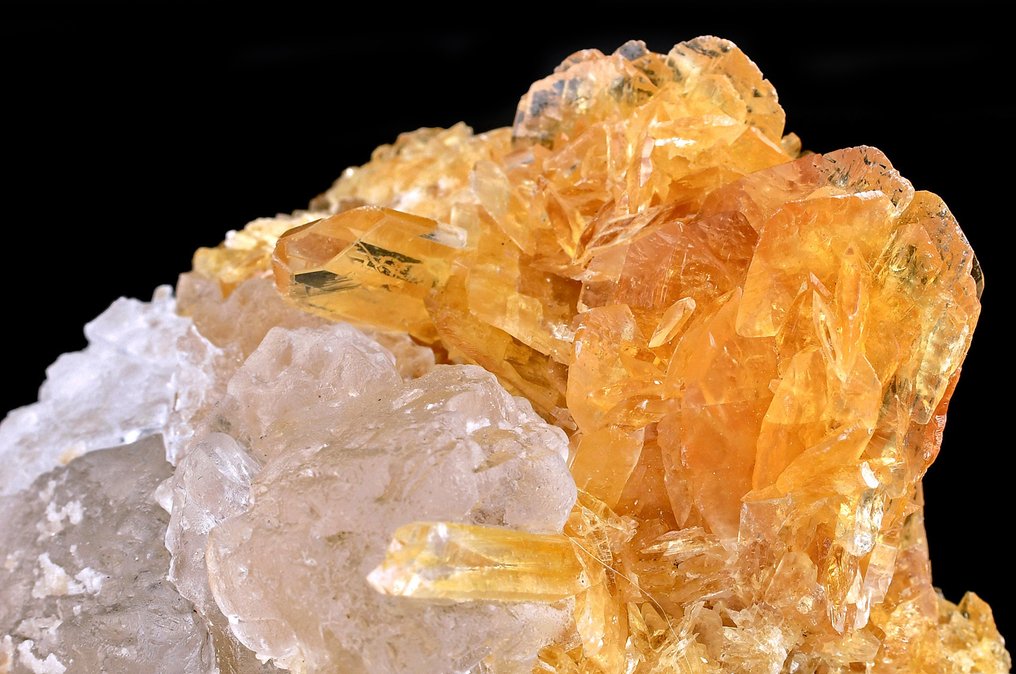 Wonderful transparent white halite on deep orange fish-tail gypsum var selenite. from Peru - Height: 11.9 cm - Width: 7.3 cm- 323 g #1.0