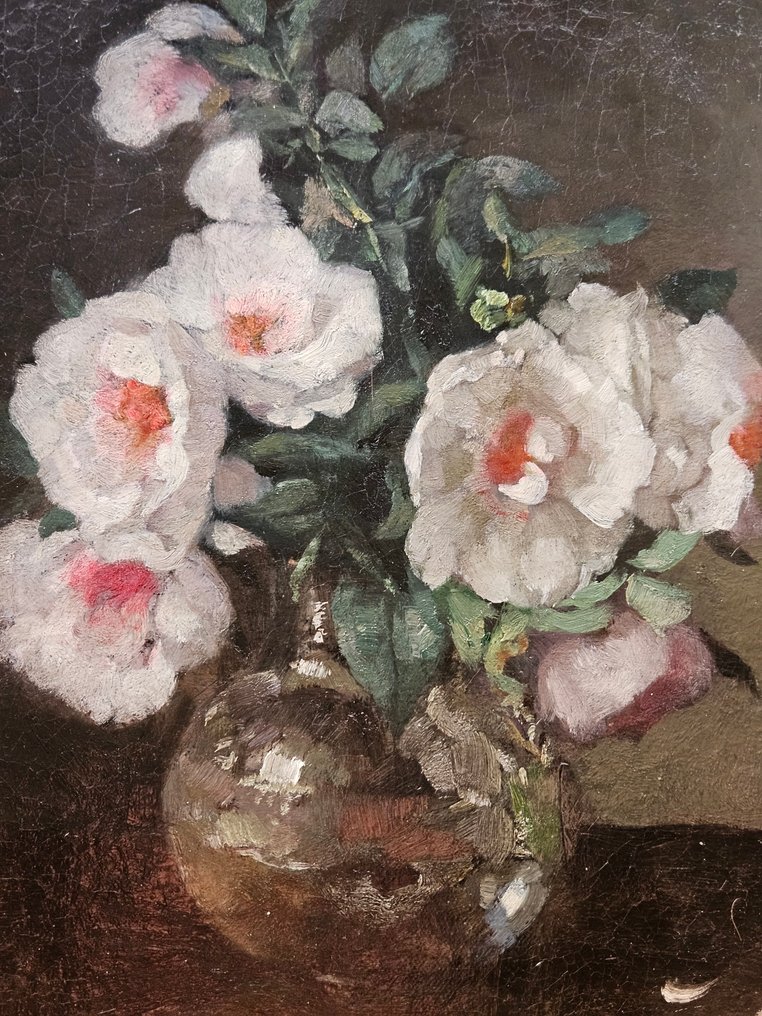 Willem Christian Georg Rueter (1875-1966) Attrib.to - Schitterend impressionistisch stilleven met rozen in een vaas op tafel #3.2