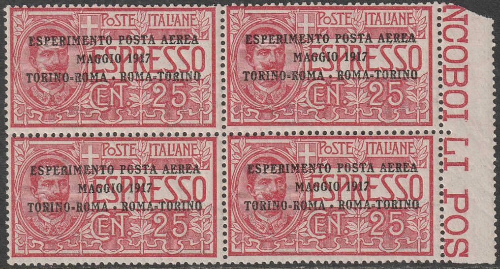 Olasz Királyság 1917 - Posta Aerea Espresso felülnyomott Kísérlet 25 c. piros Quartina Sass 1 Bdf teljes MNH** Spl #1.0