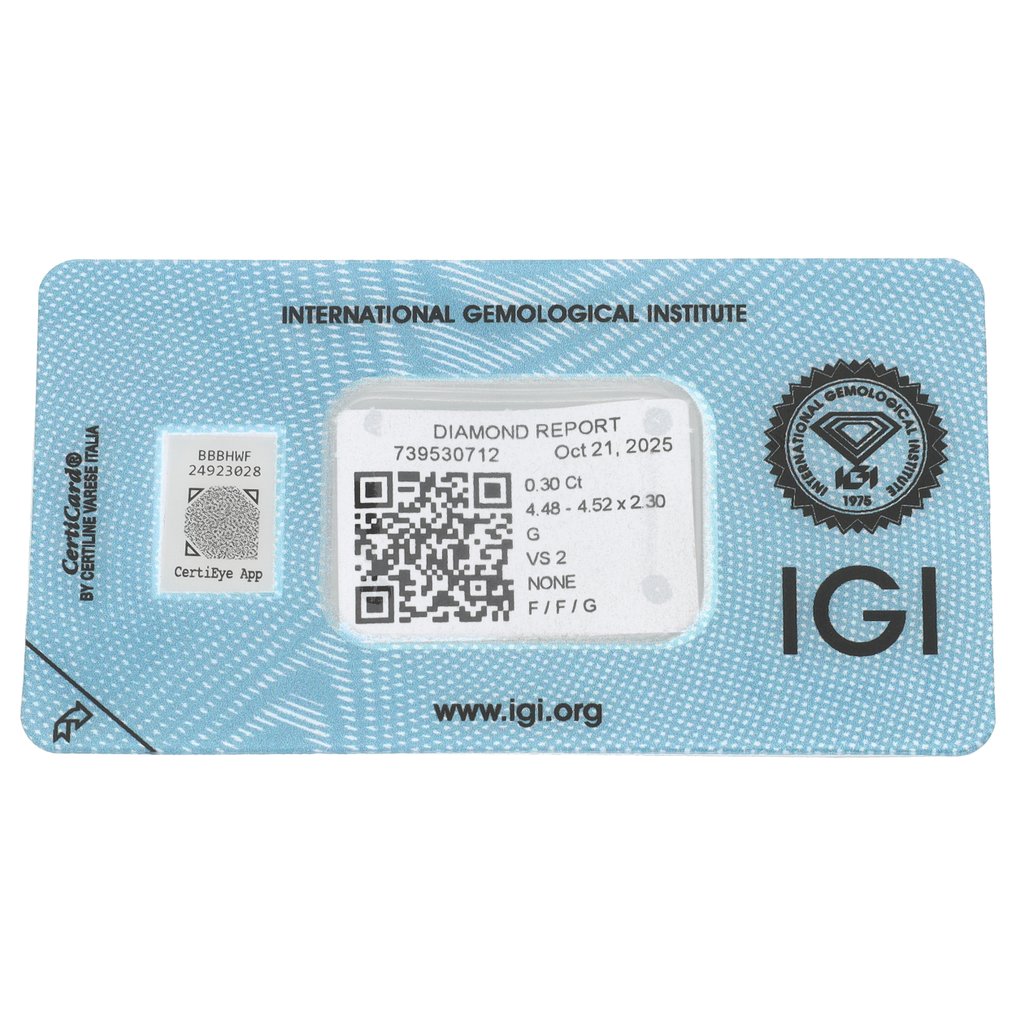 没有保留价 - 1 pcs 钻石  (天然)  - 0.30 ct - 圆形 - G - VS2 轻微内含二级 - 国际宝石研究院（IGI） #2.1