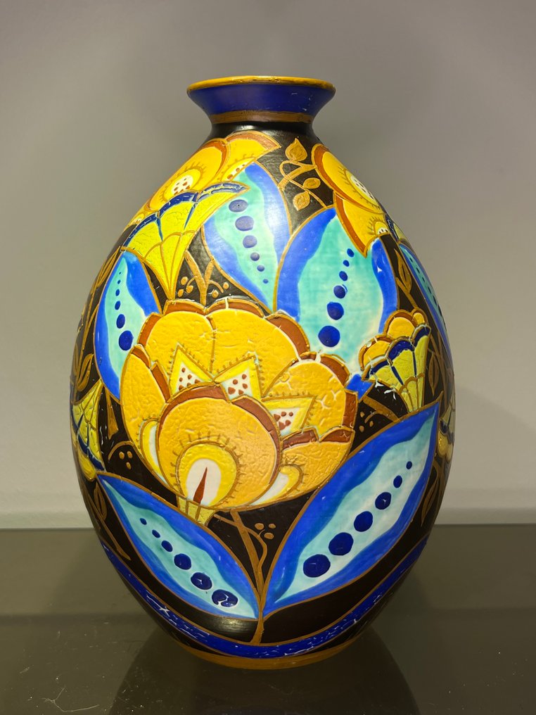 Keramis, Boch Frères, Keramis Boch - Charles Catteau - Βάζο -  Ωοειδές βάζο με διαφανή λαιμό  - Creamware - Μοναδικό Αντικείμενο Δοκιμασία #1.0