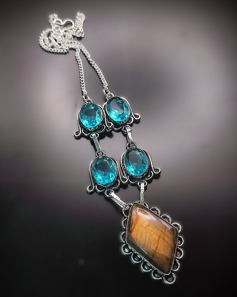 Χωρίς ελάχιστη τιμή, όμορφο κολιέ χειροποίητο από ασήμι 925 με πρώτης ποιότητας λαβραδορίτη και μπλε - Κολιέ κολάρο #4.3