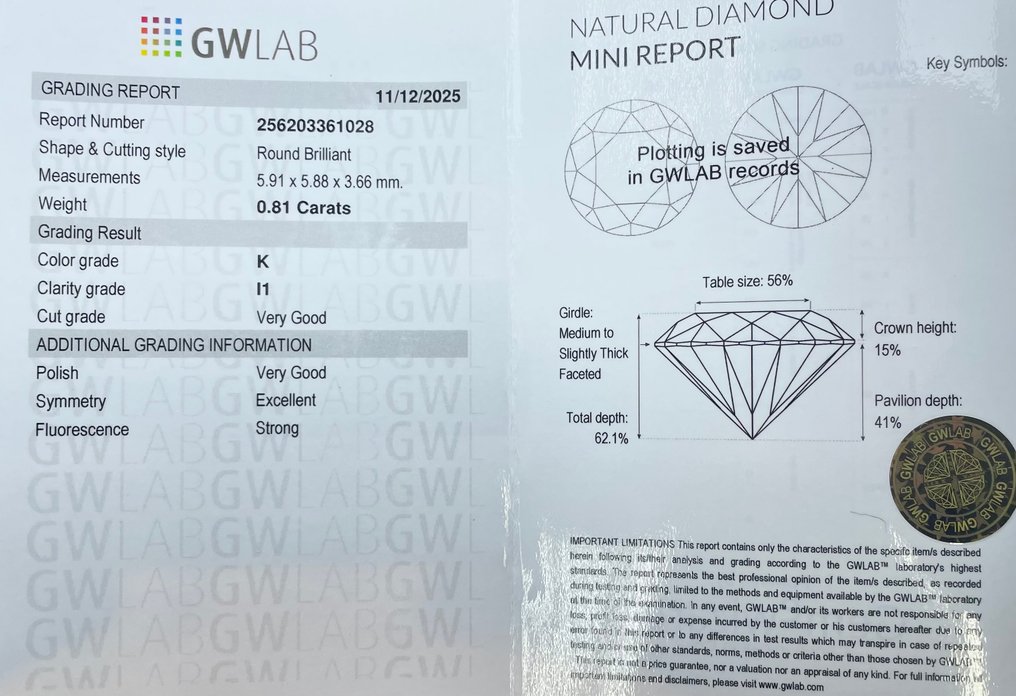 No reserve price - 1 pcs Diamond (Natural) - 0.81 ct - Round - K - I1 - Gemewizard Gemological Laboratory (GWLab) #2.1