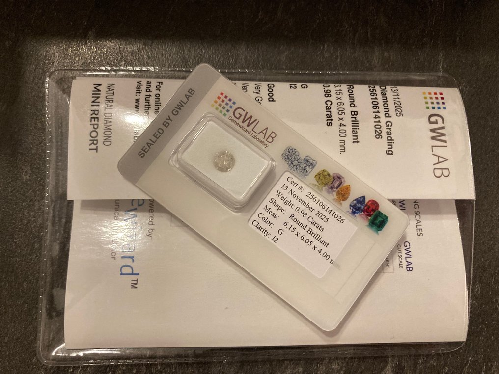 沒有保留價 - 1 pcs 鑽石  (天然)  - 0.98 ct - 圓形 - G - I2 - Gemewizard Gemological Laboratory (GWLab) #2.1