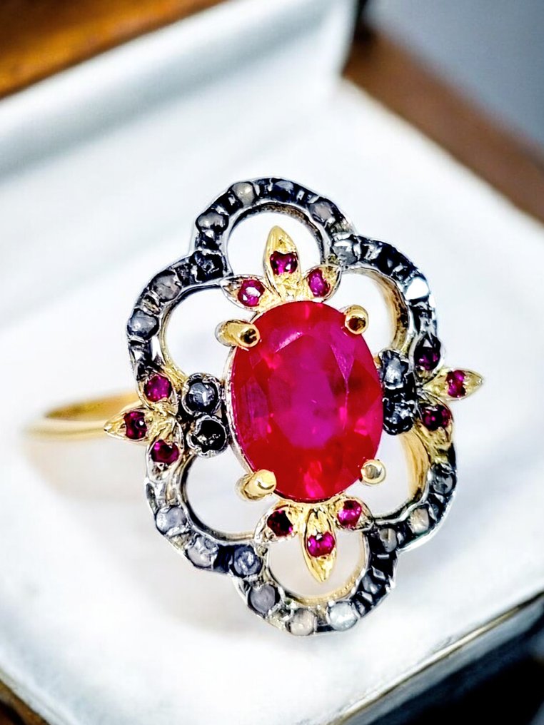 没有保留价 - 戒指 - 9 kt. 银, 黄金 红宝石 - 钻石 #1.0