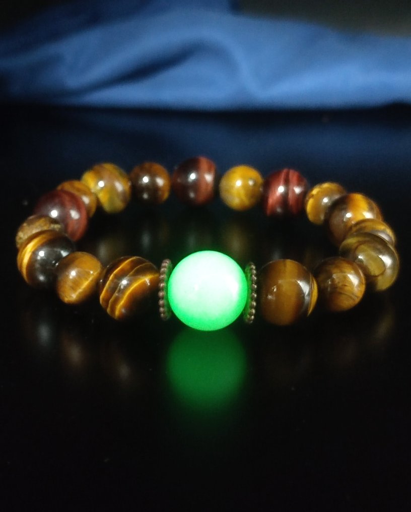 Pulseira exclusiva de olho de tigre bonito e calcita fluorescente centrada em caixa de presente - Bracelete #1.0
