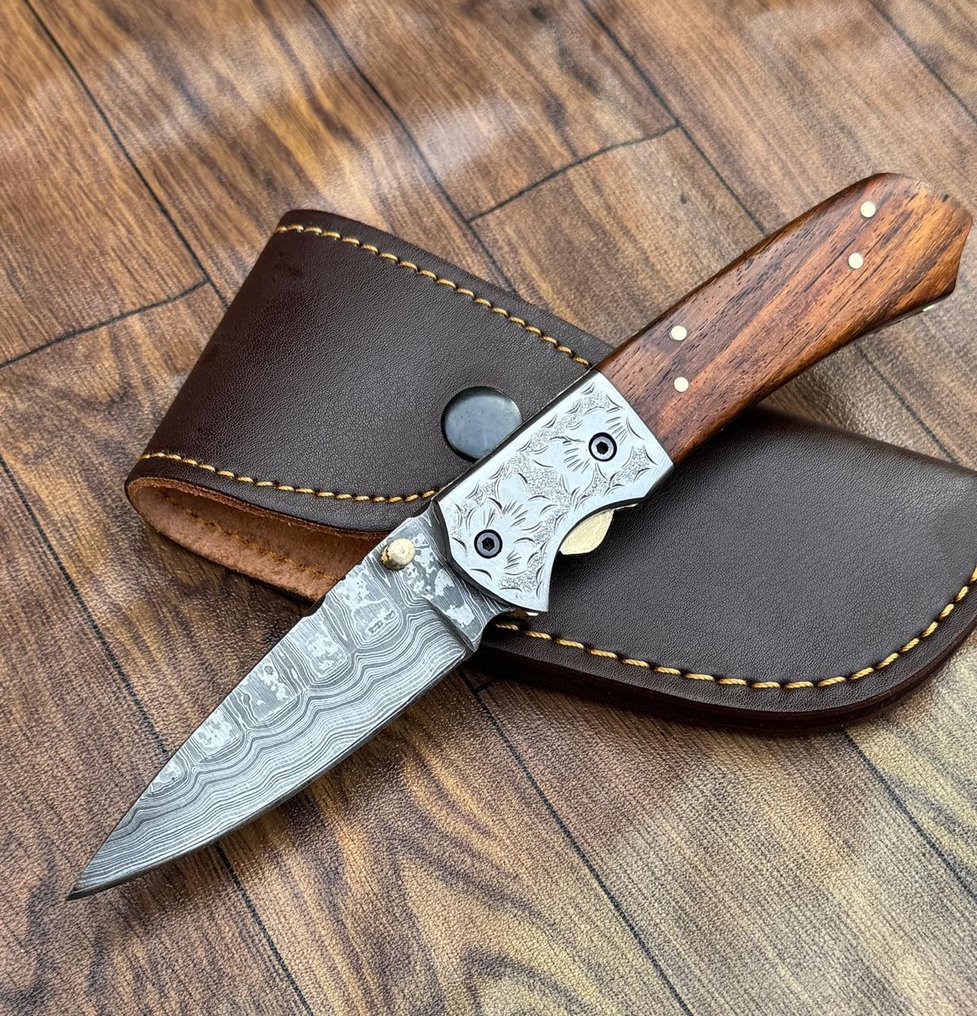 厨刀 - 厨房刀具 - 高级大马士革折叠口袋刀 - 天然木材 - 雕刻护手柄 - 亚洲 #3.2