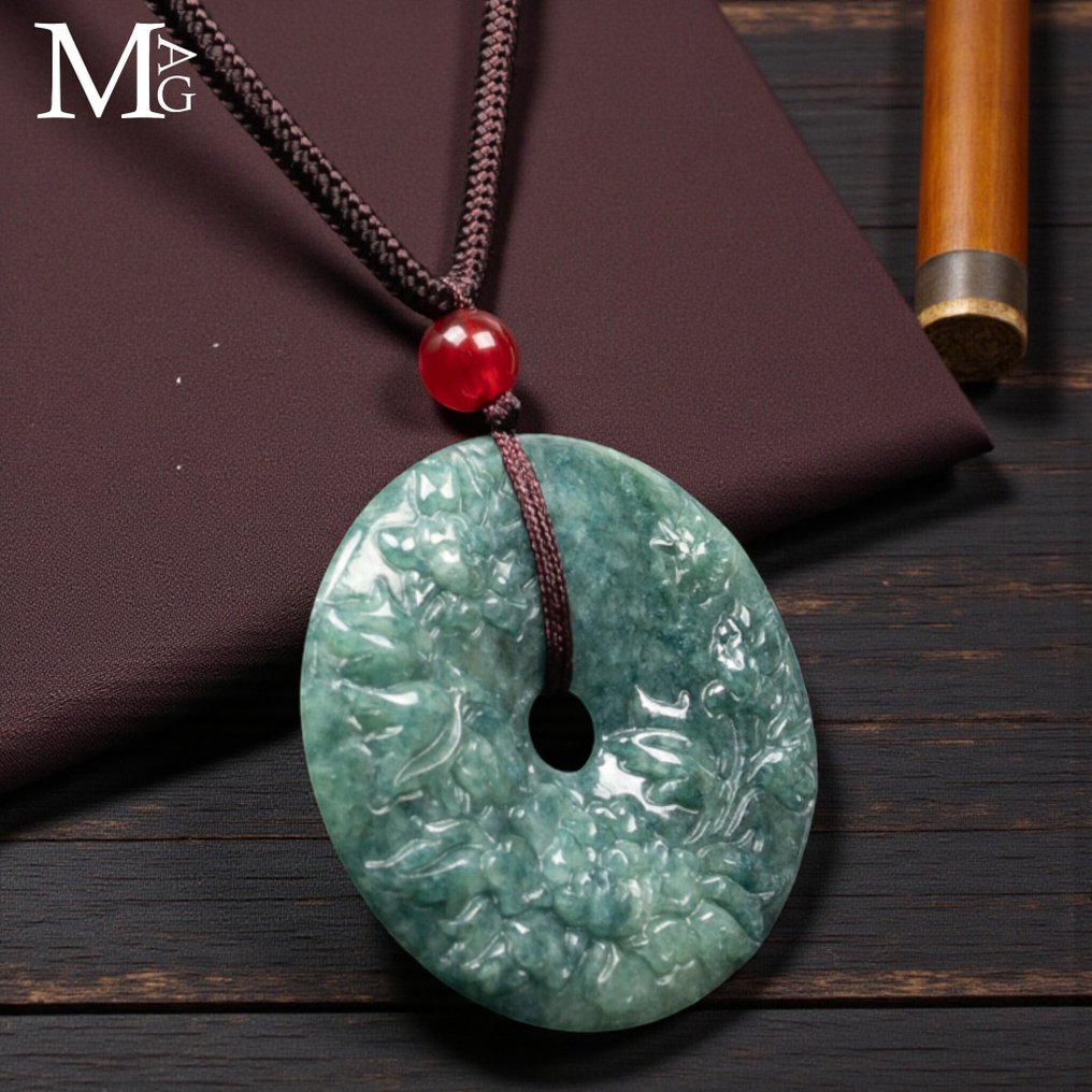 Handgeschnitzter Nephrit-Jade-Anhänger – Floraler Bi-Disc-Anhänger - Höhe: 36 mm - Breite: 36 mm- 14.5 g #3.2