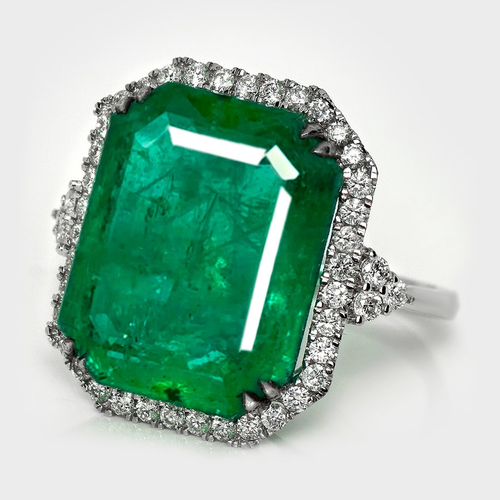 χωρίς τιμή ασφαλείας - Δαχτυλίδι - 14 καράτια Λευκός χρυσός, IGI 15.39 ct Zambia Έντονο Πράσινο -  16.11ct. tw. Σμαράγδι - Διαμάντι #2.1