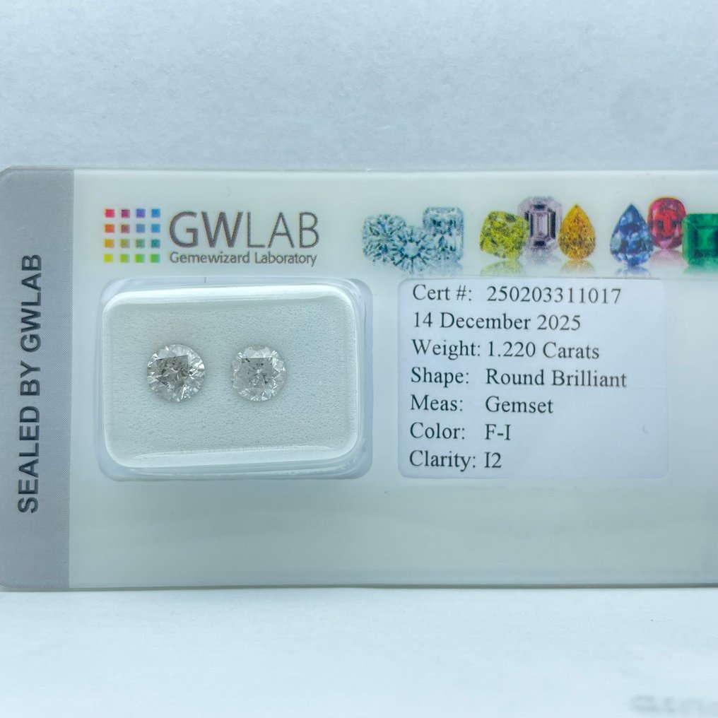 Bez ceny minimalnej
- 2 pcs Diament (Naturalny) - 1.22 ct - okrągły - F, G, H, I - I2 (z inkluzjami) - Gemewizard Gemological Laboratory (GWLab) #3.2