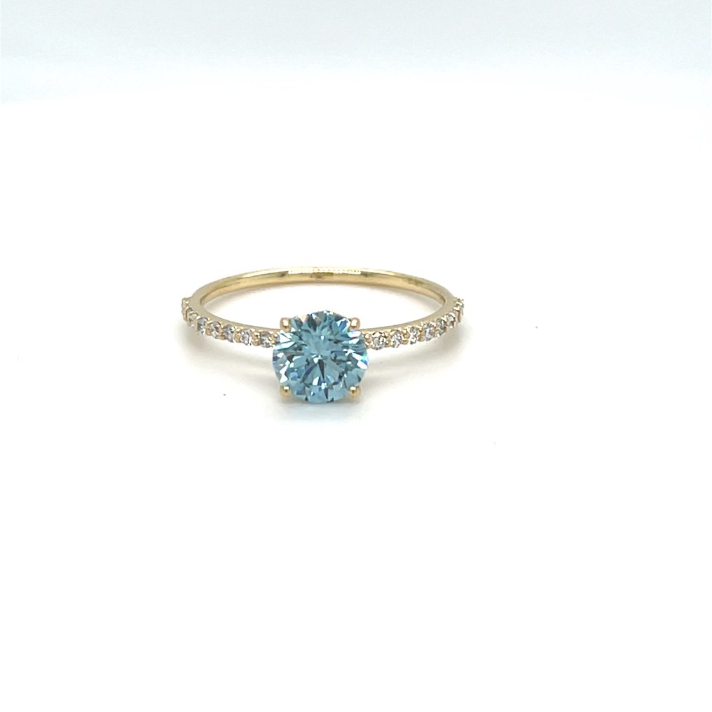 Zonder minimumprijs - Ring - 14 karaat Geel goud - 1.23ct. tw. Blauw Diamant (Fancy gekleurde, lab-grown diamant) - Diamant #1.0