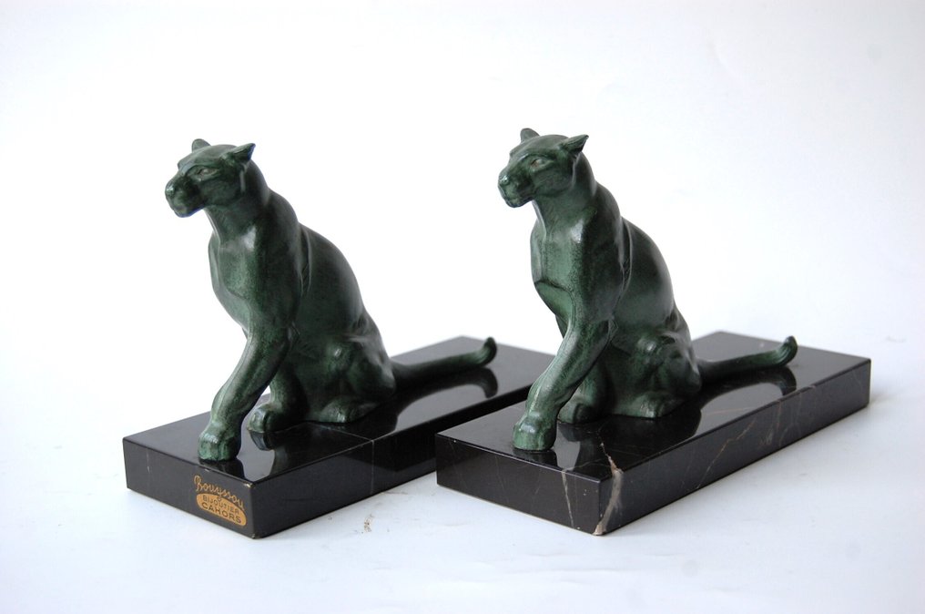 Tedd - Veistos, Twee panters - 13 cm - Metalli ja marmori - 1930 #1.0