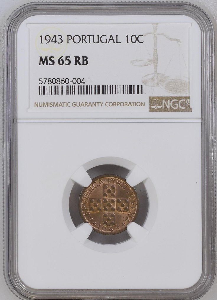 Πορτογαλία. Republic. X Centavos 1943. NGC MS 65 RB  (χωρίς τιμή ασφαλείας) #1.0