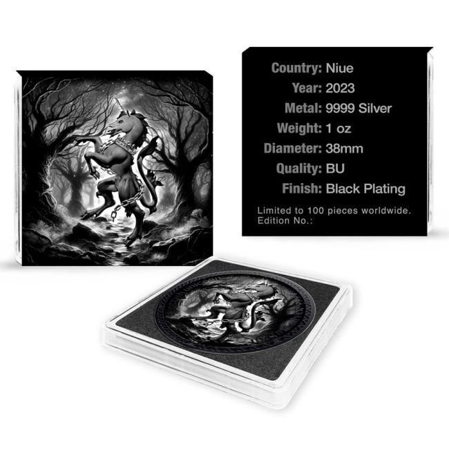 Niue. 2 Dollars 2023 1 oz Niue Scottish Unicorn "The Black Unicorn" Black Plating Silver Coin #1.0