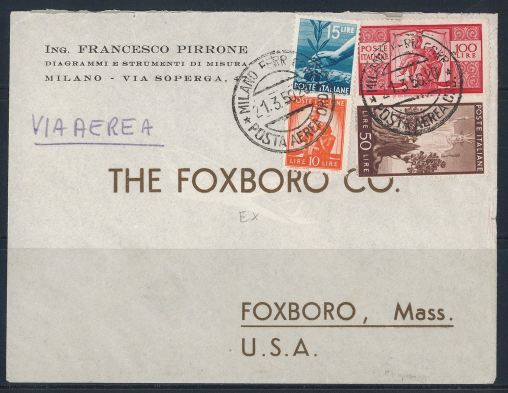 Italian Republic  - Democratic 100 lire no. 565 + 10, 15, and 50 lire on letter by airmail from Milan 21.3.50 to the #1.0