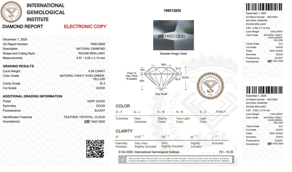 Nincs minimálár - 1 pcs Gyémánt  (Természetes színű)  - 0.50 ct - Kerek - Fancy vivid Zöld Sárga - SI2 - Nemzetközi Gemmológiai Intézet (IGI) #2.1