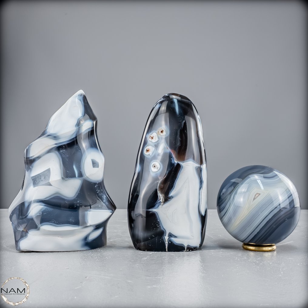 Natural Orca Agate Set of flame, freeform, and sphere.- 1696.31 g - (3) #1.0