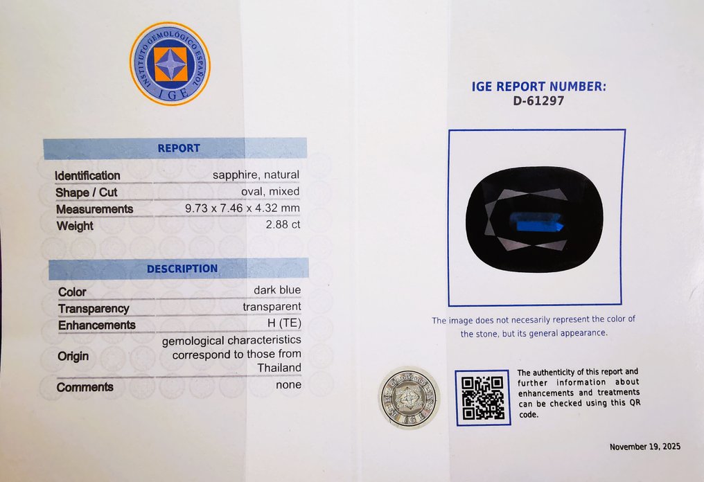 沒有保留價 - 1 pcs  藍色 藍寶石  - 2.88 ct - Instituto Gemólogico Español (IGE) - 泰国 / 高温 #2.1