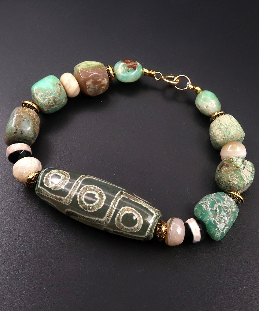 Pulsera budista - Dzi de 9 ojos - Prosperidad material y espiritual - Cierre oro 14K GF - Pulsera #1.0