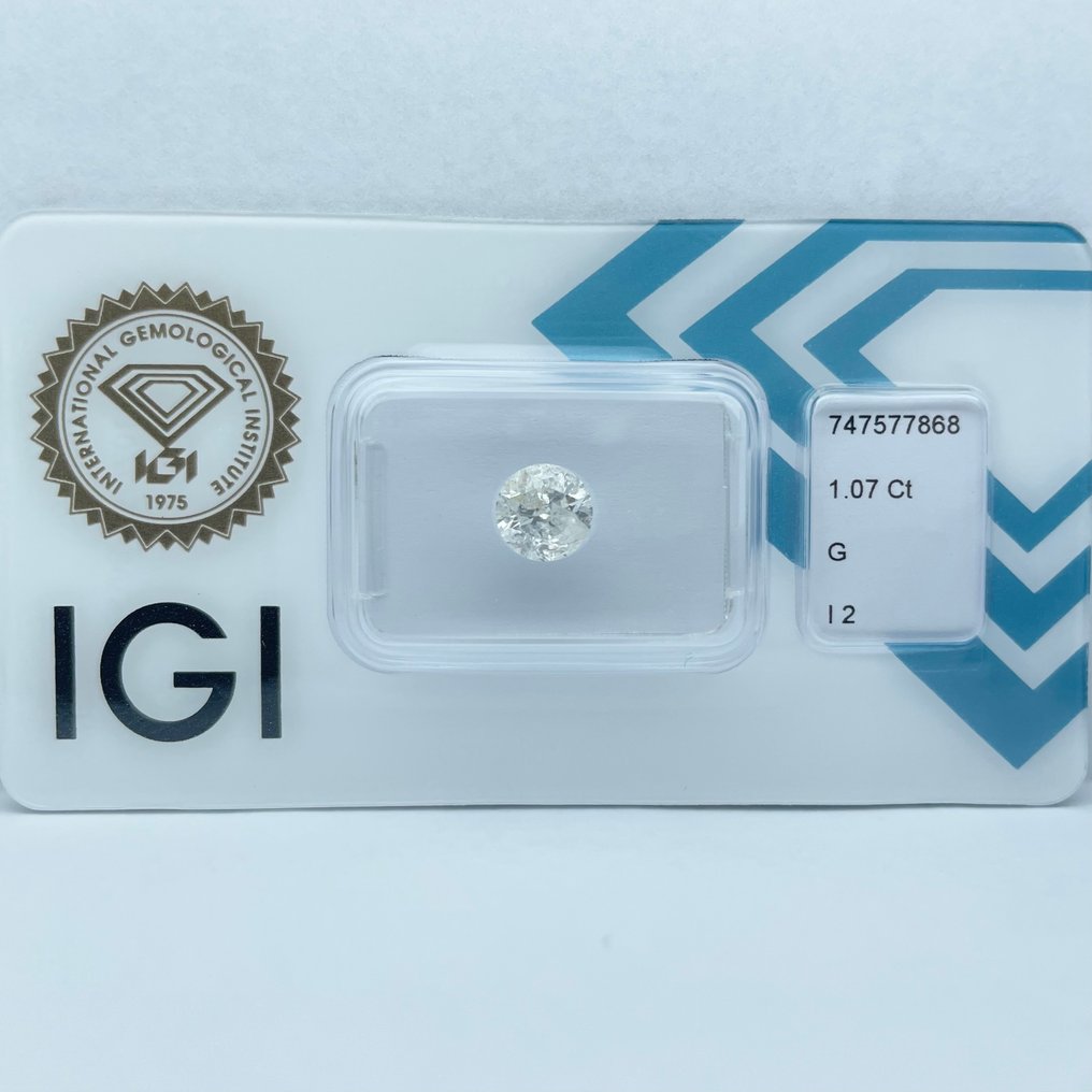 No reserve price - 1 pcs Diamond  (Natural)  - 1.07 ct - Round - G - I2 - International Gemological Institute (IGI) #3.2