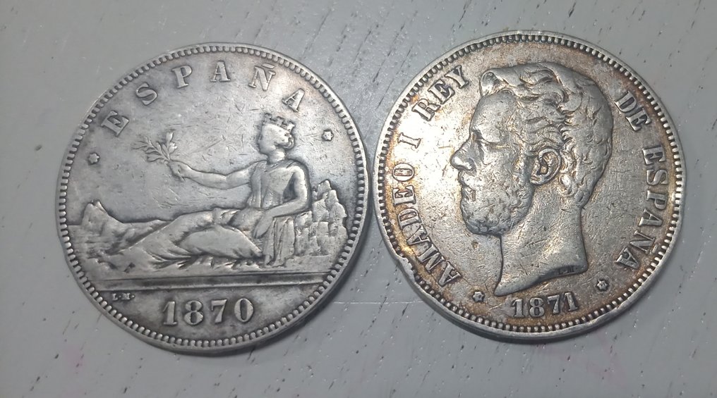 Spanien. 5 Pesetas 1870 & 1871  (Ingen mindstepris) #1.0