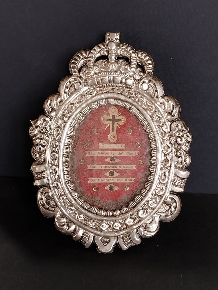  聖物匣 - 鍍銀, 玻璃, 木, 紡織品, 紙 - 1920-1930 - 我们主耶稣基督的圣十字架 + 圣人遗物三件  #1.0