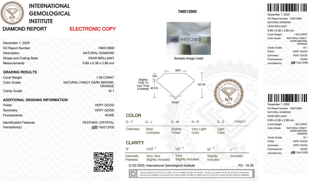 Nincs minimálár - 1 pcs Gyémánt  (Természetes színű)  - 1.50 ct - Körte - Fancy dark Barna Narancssárga - SI1 - Nemzetközi Gemmológiai Intézet (IGI) #2.1