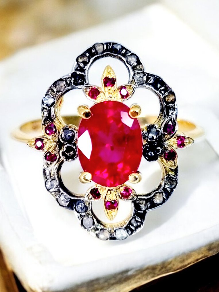 没有保留价 - 戒指 - 9 kt. 银, 黄金 红宝石 - 钻石 #1.0