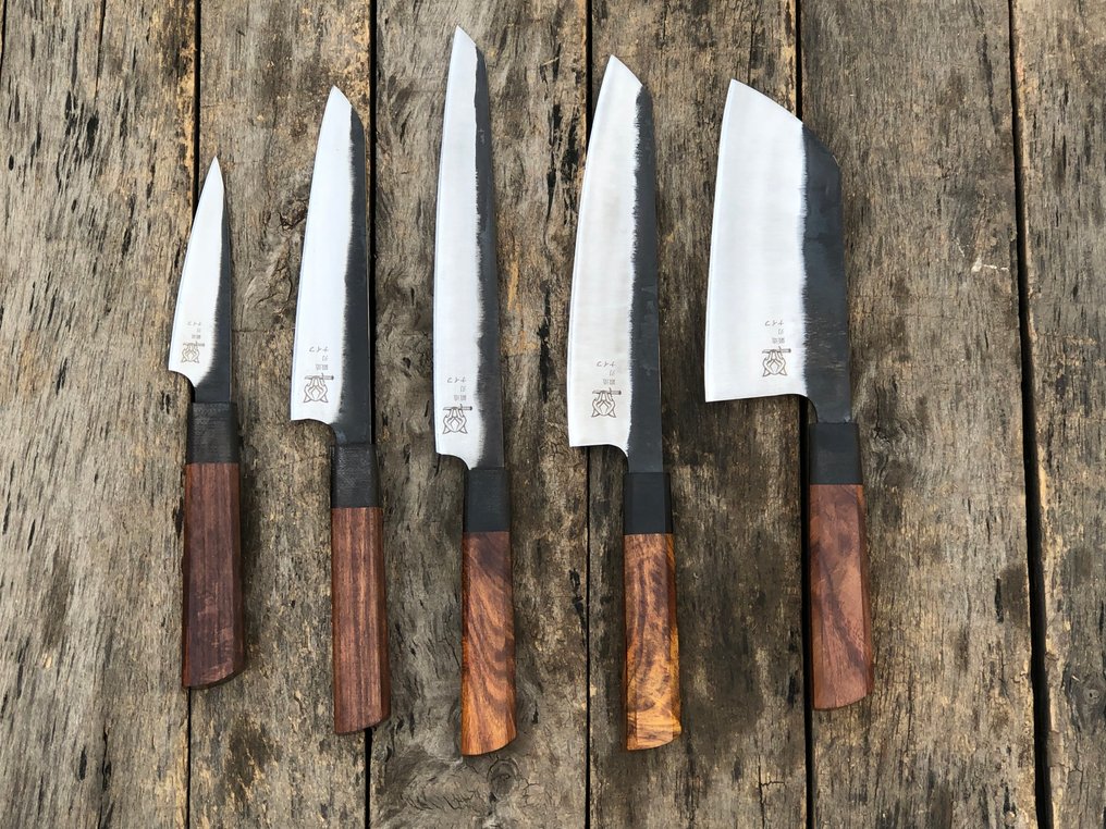 Coltello da cucina - Set di coltelli da chef artigianali da collezione (5) in acciaio speciale giapponese, manico in - Nord America - Leather Saya (M1) #1.0
