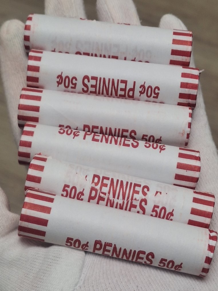 Ηνωμένες Πολιτείες. 6 rolls of 50 Red Pennies cent, unopened P/D/S mints, wheat cents, error strikes, 1960 to 2024/ Total of 300 coins  (χωρίς τιμή ασφαλείας) #2.1