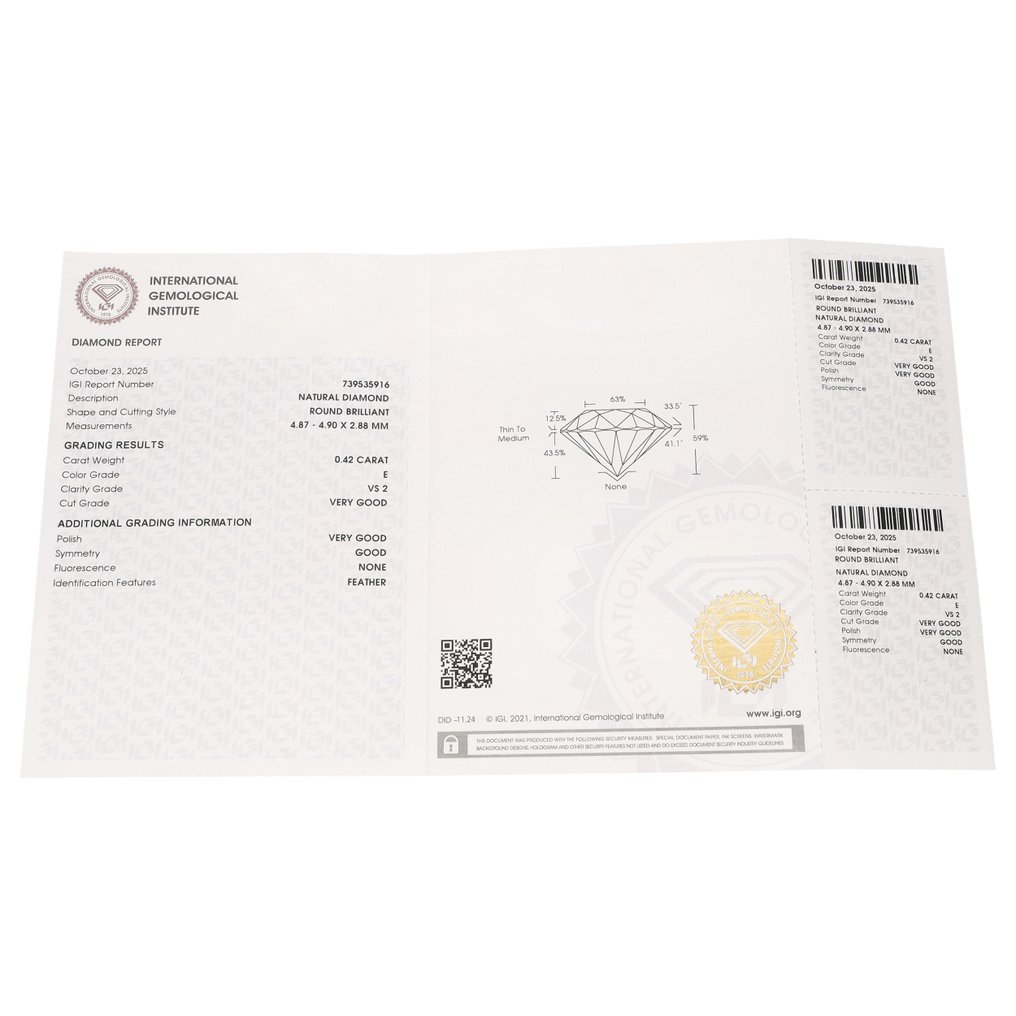 没有保留价 - 1 pcs 钻石 (天然) - 0.42 ct - 圆形 - E - VS2 轻微内含二级 - 国际宝石研究院(IGI) #3.2