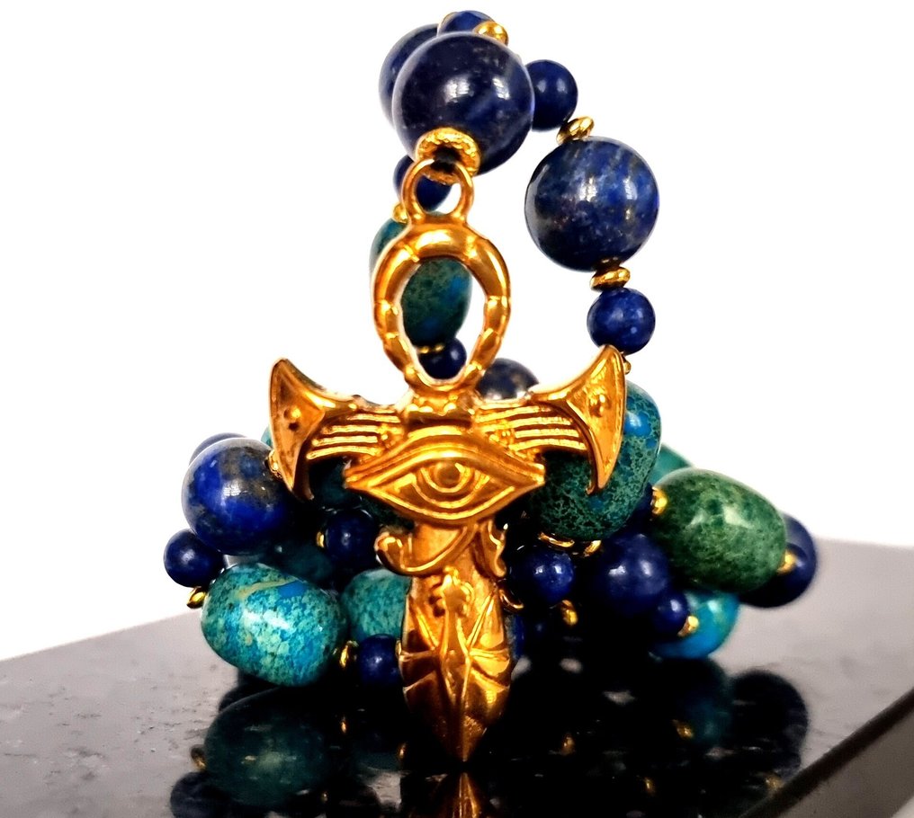 Lapis lazuli - Turquoise - Necklace - Ankh Cross & Eye of Horus - Blessing of the gods - Protects from evil - Necklace with pendant - Access to eternal life #1.0