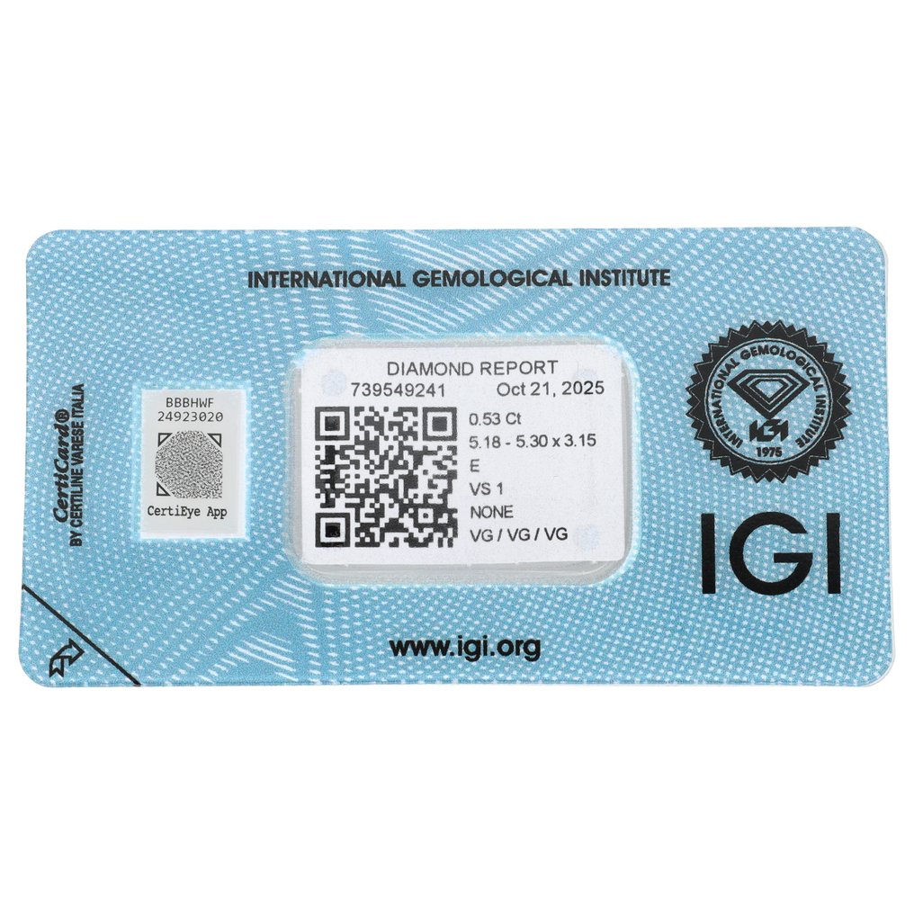 Nincs minimálár - 1 pcs Gyémánt (Természetes) - 0.53 ct - Kerek - E - VS1 - Nemzetközi Gemmológiai Intézet (IGI) #2.1