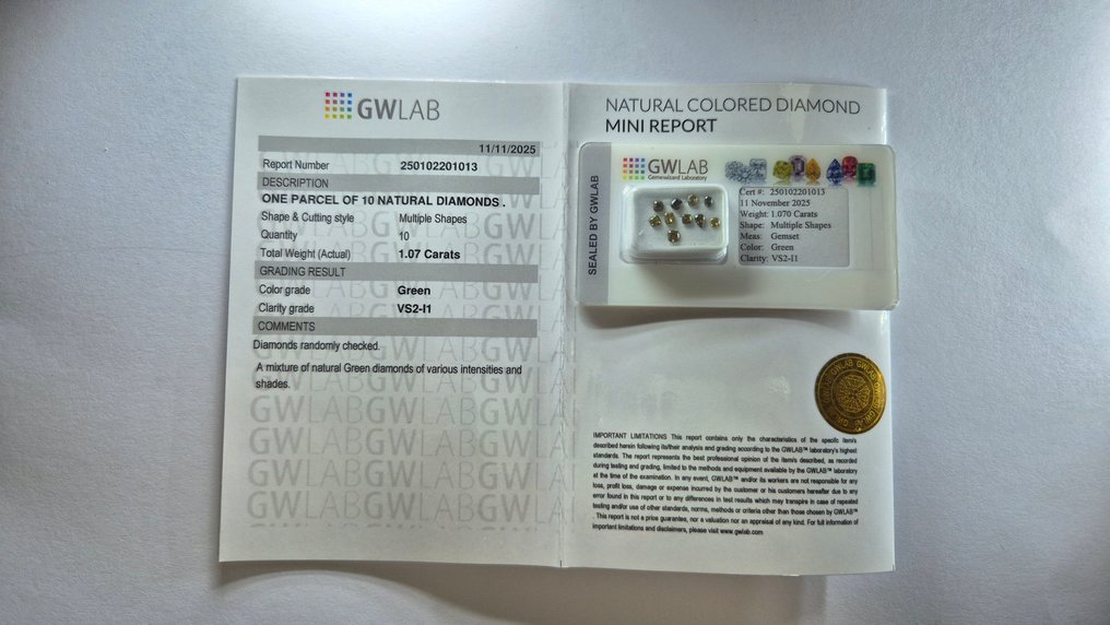 没有保留价 - 10 pcs 钻石  (天然色彩的)  - 1.07 ct - 混合形状 绿色 - VS2 轻微内含二级, I1 内含一级, SI1 微内含一级, SI2 微内含二级, SI2 微内三含级 - Gemewizard宝石实验室（GWLab） #4.3