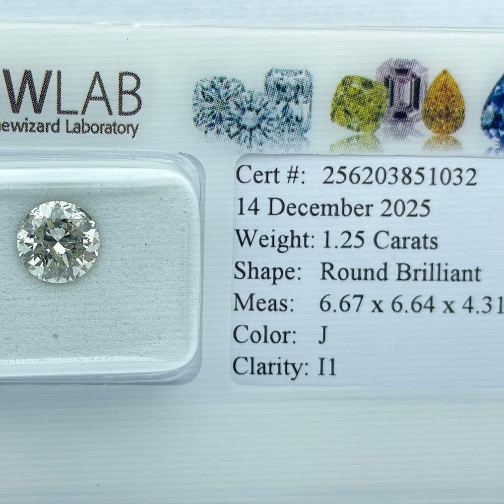 No reserve price - 1 pcs Diamond  (Natural)  - 1.25 ct - Round - J - I1 - Gemewizard Gemological Laboratory (GWLab) #1.0