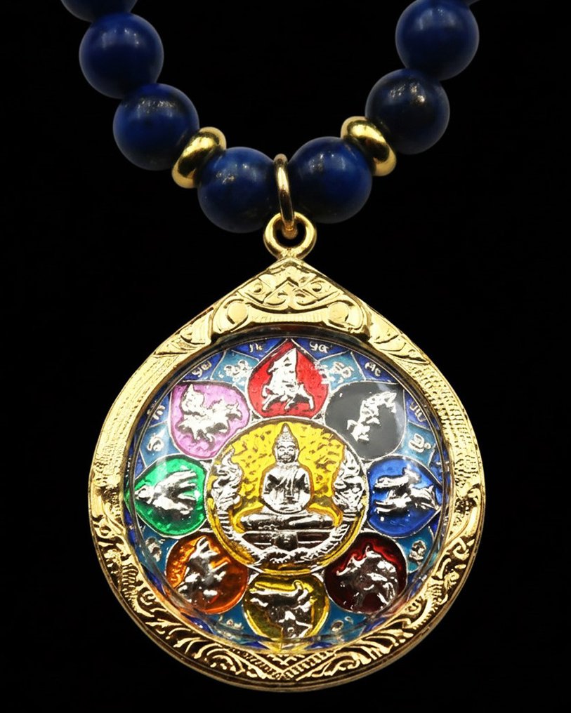 Lapis lazuli - Mandala du Bouddha: Kosmisk kompas og beskyttelse af de 8 retninger - Guldlås 14k GF - Halskæde #1.0