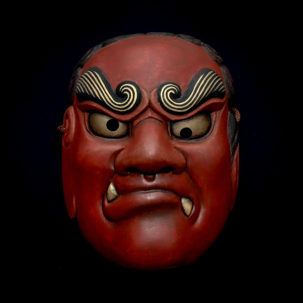 Signed Japan Wooden Noh Mask of Red Kiba-Fudo 能面 赤·牙不動 (with bag & box) - Γλυπτό Ξύλο - Ιαπωνία #3.2