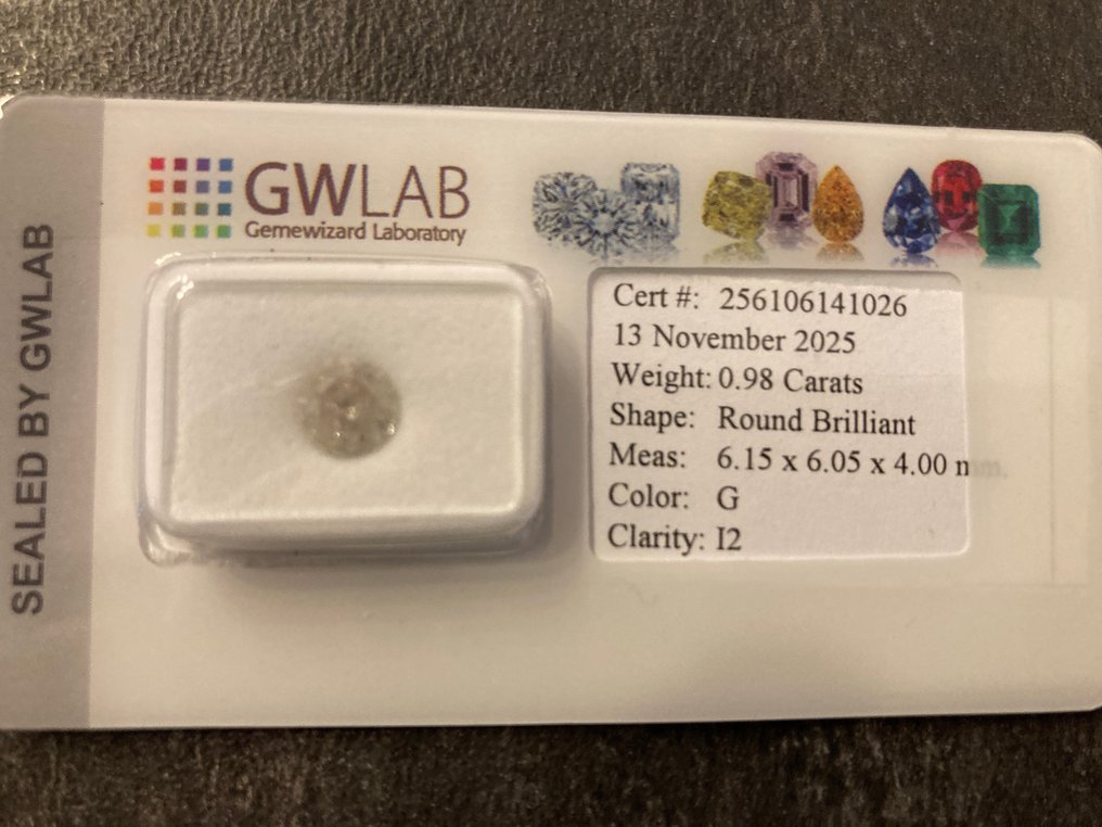 沒有保留價 - 1 pcs 鑽石  (天然)  - 0.98 ct - 圓形 - G - I2 - Gemewizard Gemological Laboratory (GWLab) #1.0