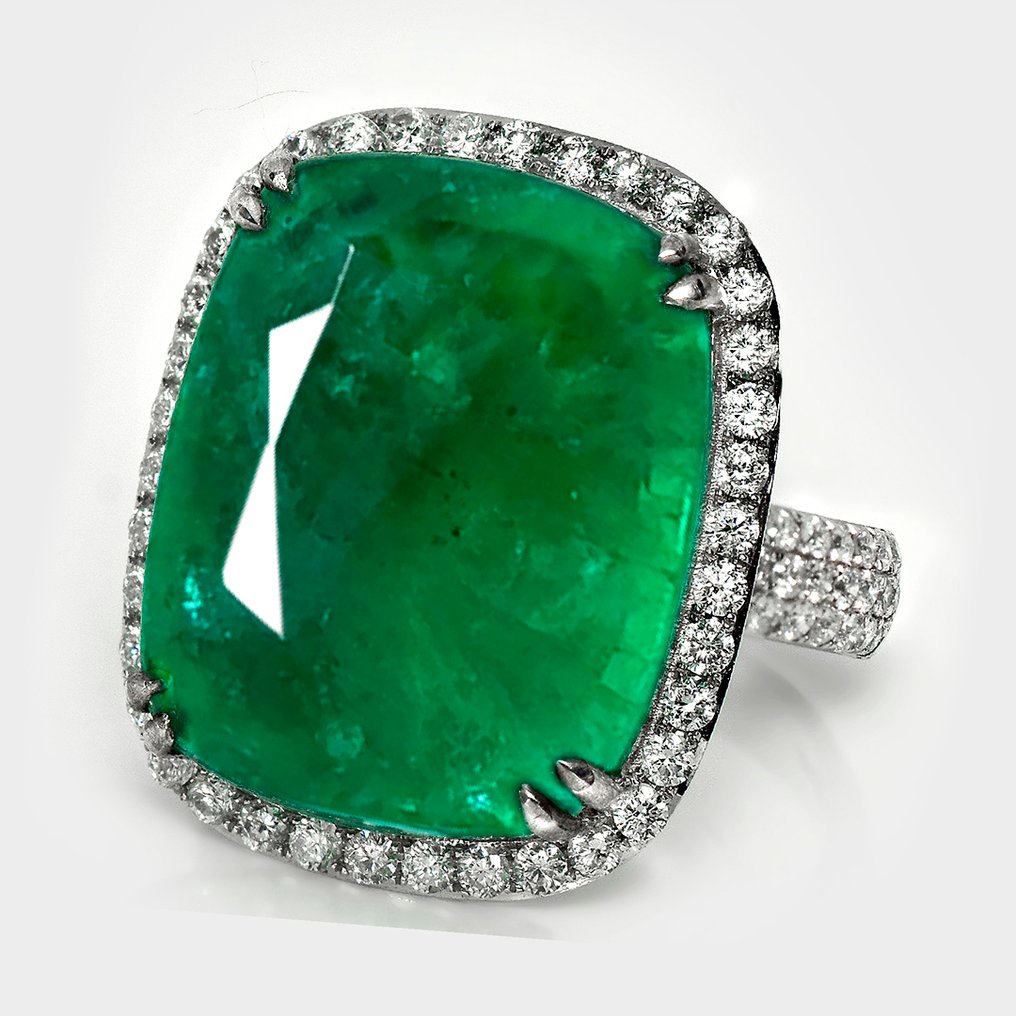 χωρίς τιμή ασφαλείας - Δαχτυλίδι - 14 καράτια Λευκός χρυσός, IGI 18.78ct Zambia Έντονο Πράσινο - 19.73ct. tw. Σμαράγδι - Διαμάντι #2.1