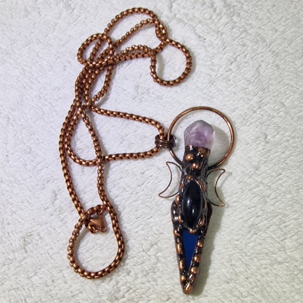 蓝玛瑙、黑曜石与紫水晶 手工三月亮吊坠——铜电镀- 40 g - (1) #4.3