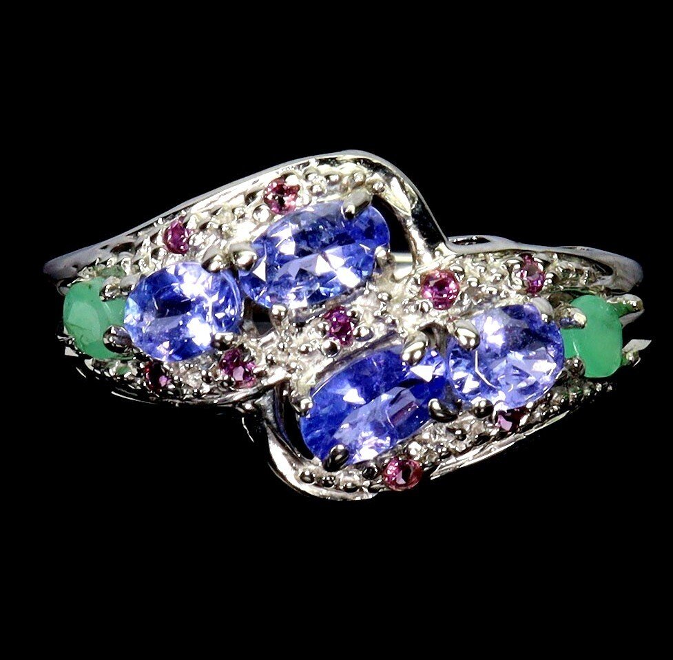 No reserve price - Ring Silver Tanzanite - Emerald, Garnet #1.0