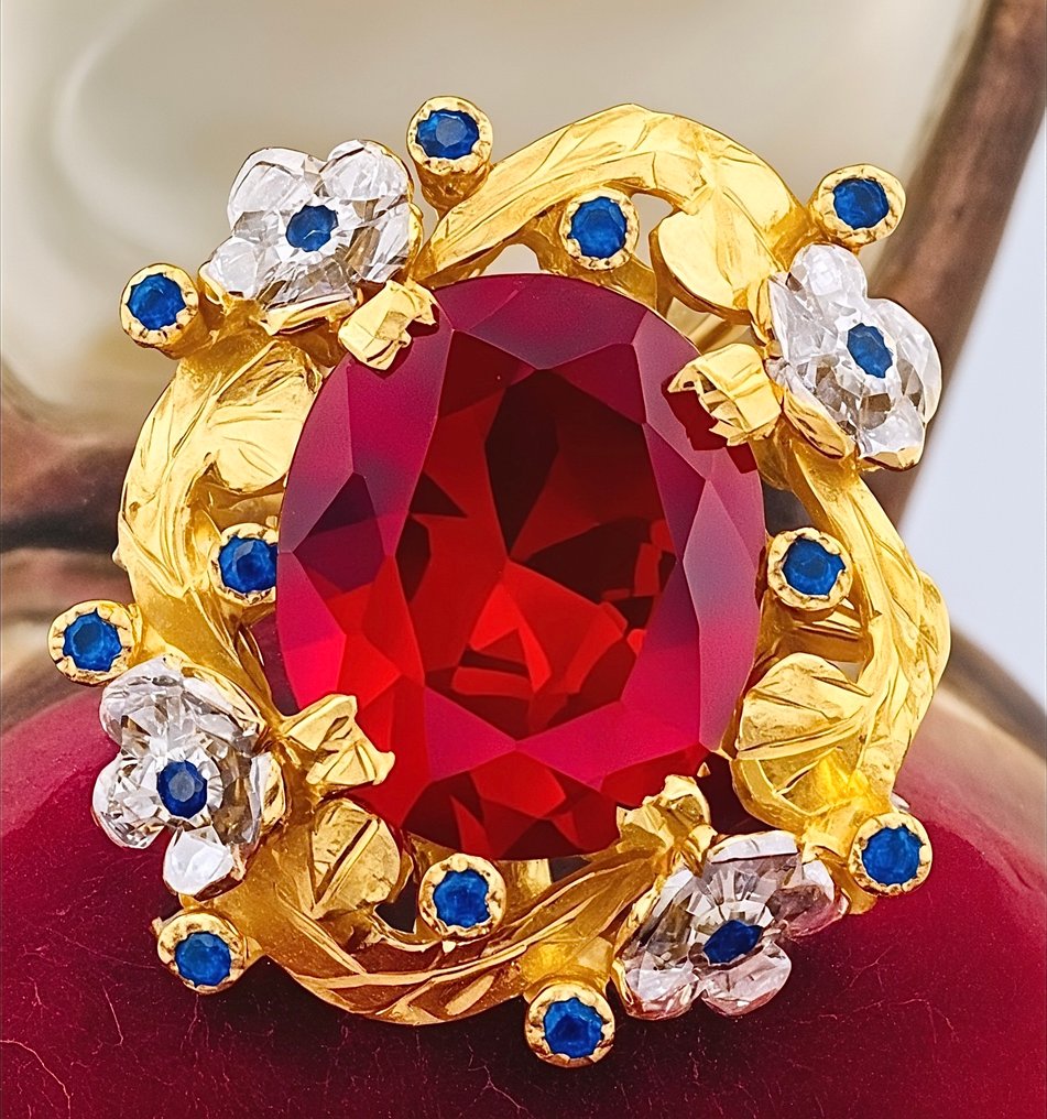 没有保留价 - 戒指 - 9 kt. 黄金, 银 红宝石 - 蓝宝石 #1.0